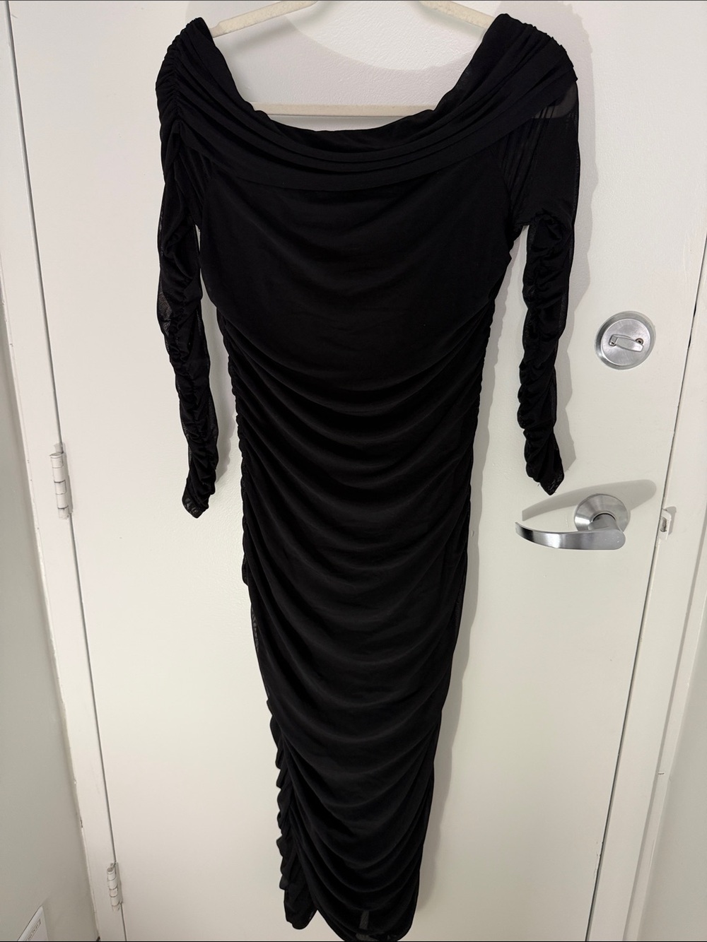 Ruched Black Long-Sleeve Off-Shoulder Maxi Dress